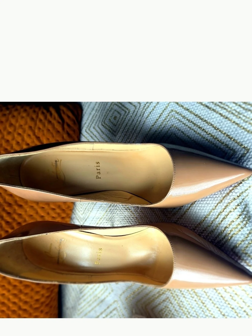 Christian Louboutin Beige Patent Leather Pointed Toe Pumps with Red Soles